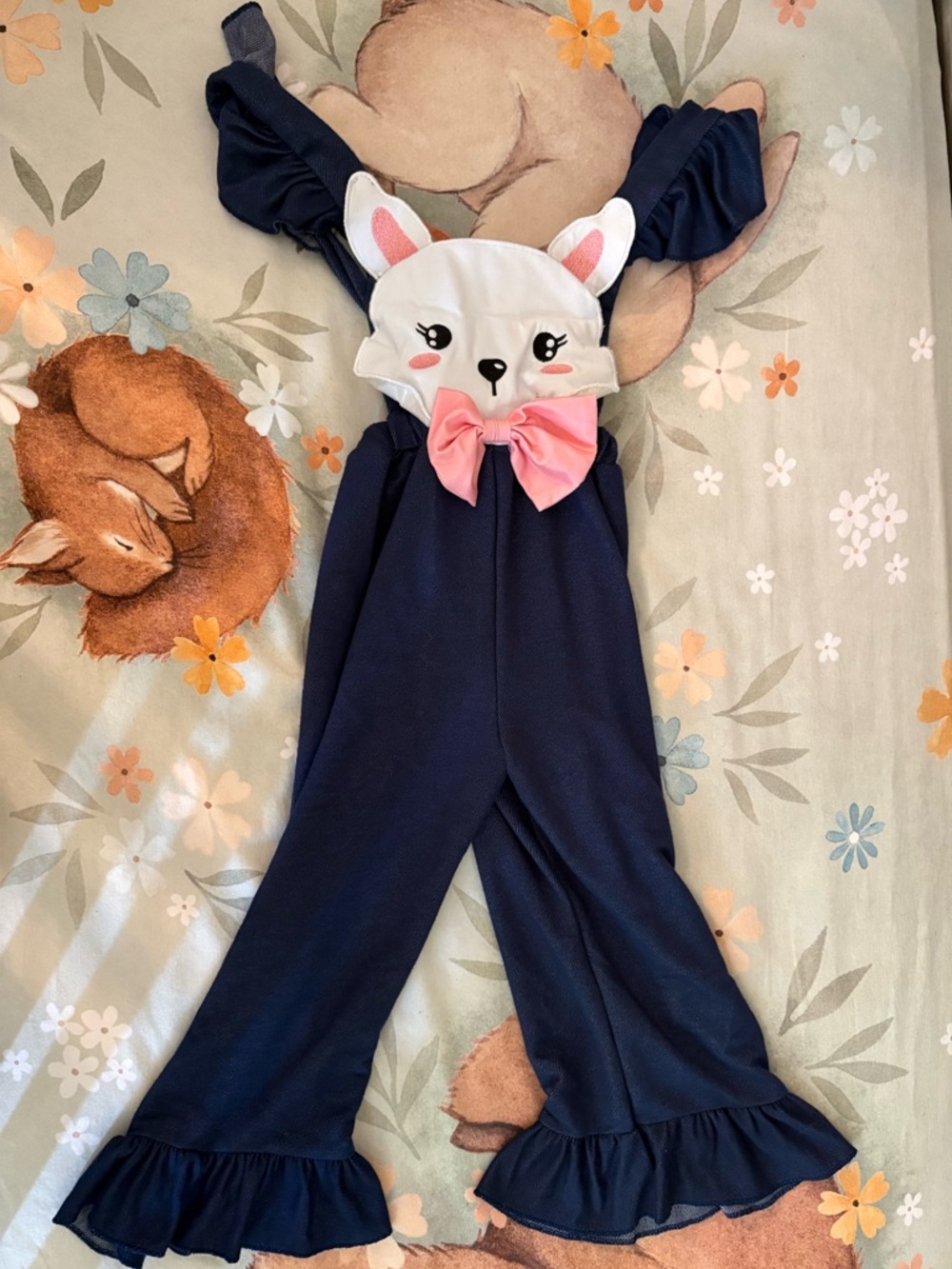 Navy Girls One-Piece Romper with Bunny Face and Pink Bow